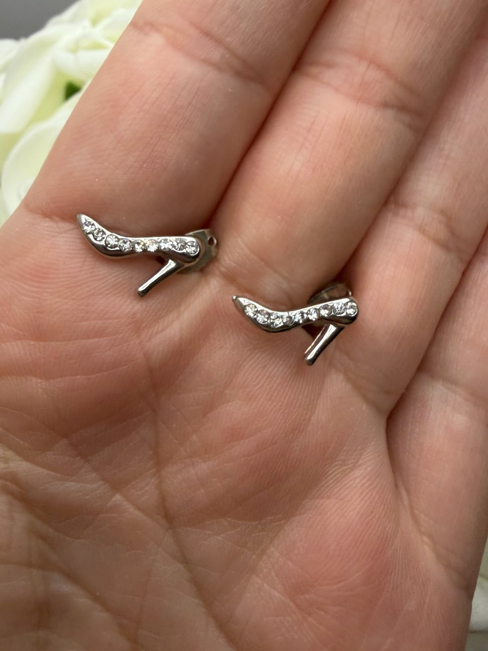Silver tone High Heel Stud Earrings with Crystal Accents